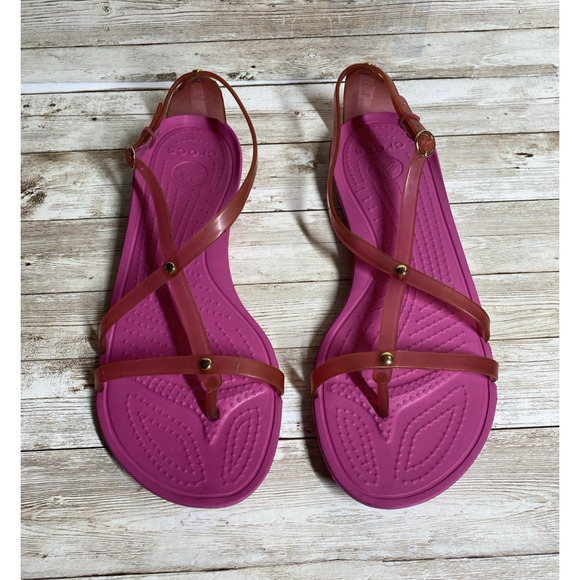 Crocs Sandals Womens 7 Pink Really Sexy T Strap Jelly Thongs Beach Summer - Picture 1 of 7